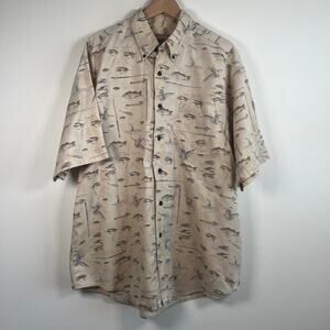 Woolrich Button Down Vintage Outdoor Fishing Novelty Print Shirt Beige Size XL